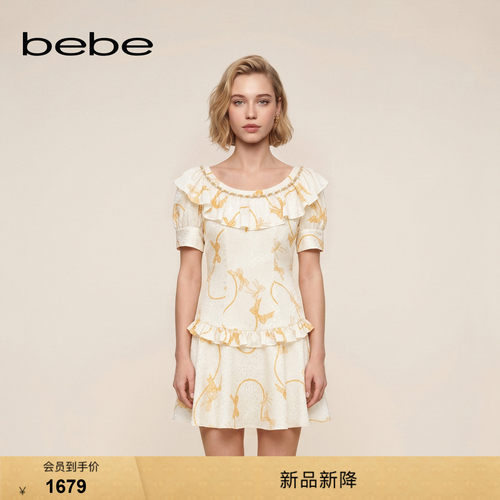 bebe2026秋季新款荷叶边泡泡袖印花连衣裙350001