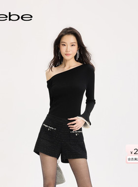 bebe2025秋季新款女士含有粘纤可拆卸喇叭袖口露肩针织上衣330504