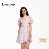 bebe夏季 系列女士气质印花V领纽扣缀饰茶歇连衣裙250016