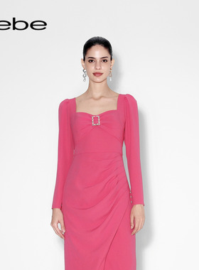 bebe秋冬系列女士气质方领蝴蝶结褶皱连衣裙350026