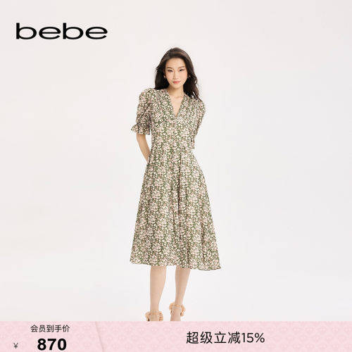 bebe春夏女士V领泡泡袖碎花印花雪纺显瘦长款短袖连衣裙250058