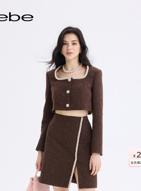 bebe2025秋冬新款女士粗花呢高腰箱型气质含羊毛夹克外套440314