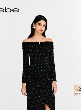 bebe春夏系列女士气质一字肩烫仿钻设计修身上衣180103