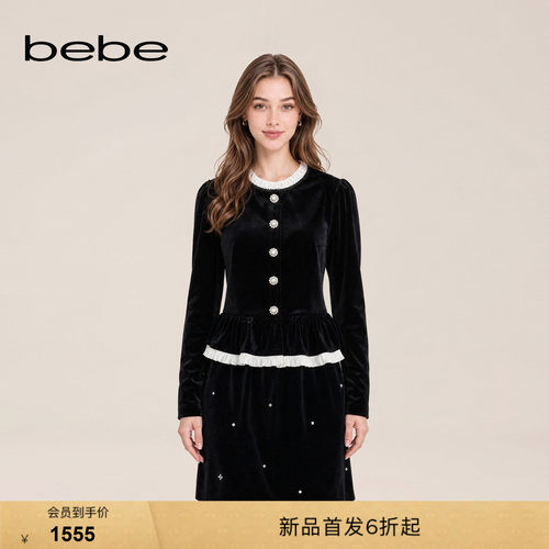 bebe2026冬季新款千金风哑光丝绒圆领立体印花烫钻长袖夹克440301