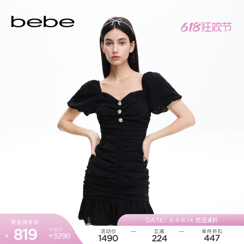 【小黑裙】bebe官方女士泡泡袖抽褶收腰连衣裙礼服裙251005 女装/女士精品 连衣裙 原图主图