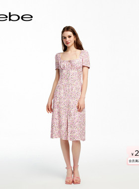 bebe夏季系列女士压褶印花长款连衣裙250070