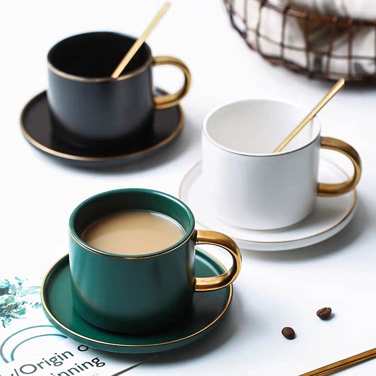 小奢华墨绿色陶瓷咖啡杯 欧式咖啡杯碟套装 简约金边花茶杯礼品装