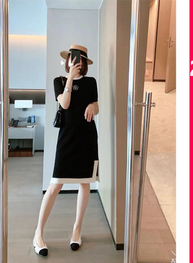 夏季薄款大码胖mm冰丝连衣裙女遮肚显瘦级感复古中长款撞色裙子