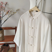 中山装 文艺棉麻盘扣衬衫 茶服立领中式 国风上衣夏季 女半袖 禅意女装