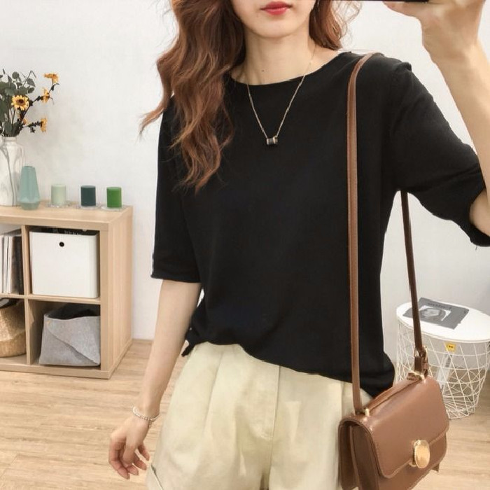 Simple and versatile basic round neck short sleeve ice silk T-shirt women's summer loose and thin solid color top and bottom coat
