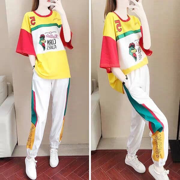 2021 summer new sportswear women's loose and thin, foreign style leisure sportswear two piece set for female students, Korean version