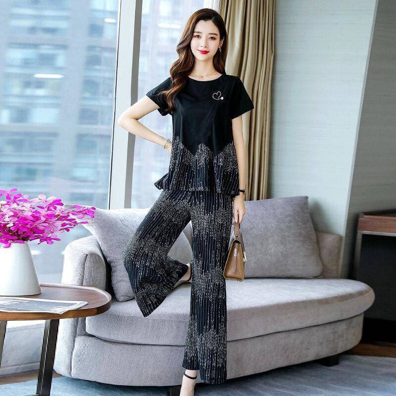 Large size women's wide legged pants suit women's summer wear new fashion slim short sleeve two piece suit