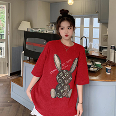 Real shot 2021 new summer cartoon t-shirt female loose fit Korean rabbit hot drill versatile short sleeve top fashion