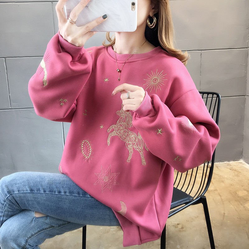 Real shot composite 300g thickened Plush embroidered Tianma sweater women's large size women's fatness mm200kg jacket