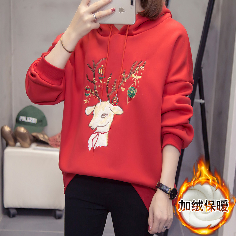 Real shot composite New Plush Christmas embroidery deer sweater for women fat mm large loose red hood