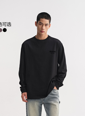 CHINISM丨黑色植绒字母印花长袖T恤男2025新款男士打底衫上衣