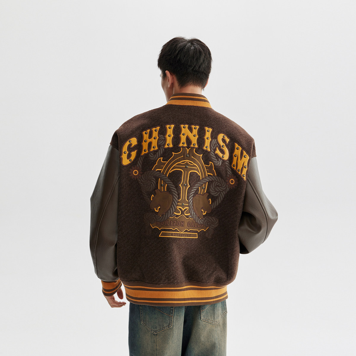 CHINISM赤尘 重工刺绣PU皮拼接宽松棒球夹克男秋季美式毛呢外套