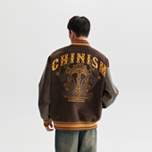 美式 CHINISM赤尘 重工刺绣PU皮拼接宽松棒球夹克男秋季 毛呢外套