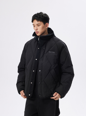 CHINISM赤尘 无领菱形格羽绒服男轻薄冬季美式男士黑色短款外套