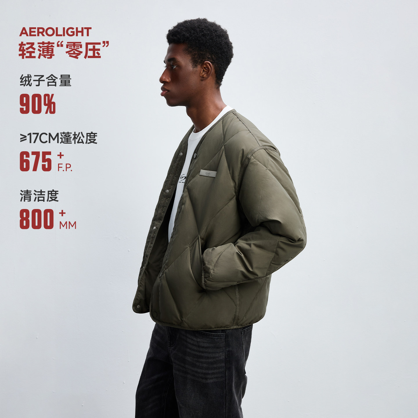 CHINISM「轻薄菱形格90白鸭绒」短款羽绒服男冬季美式无领外套