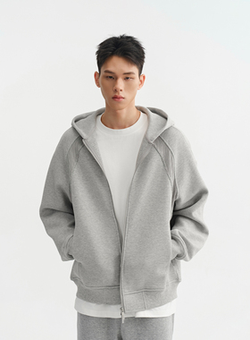 CHINISM丨重磅空气层连帽开衫卫衣男秋冬简约男士灰色拉链外套