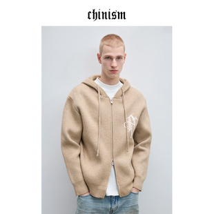 CHINISM丨撞色提花开衫连帽毛衣男2026春季男士宽松休闲针织衫