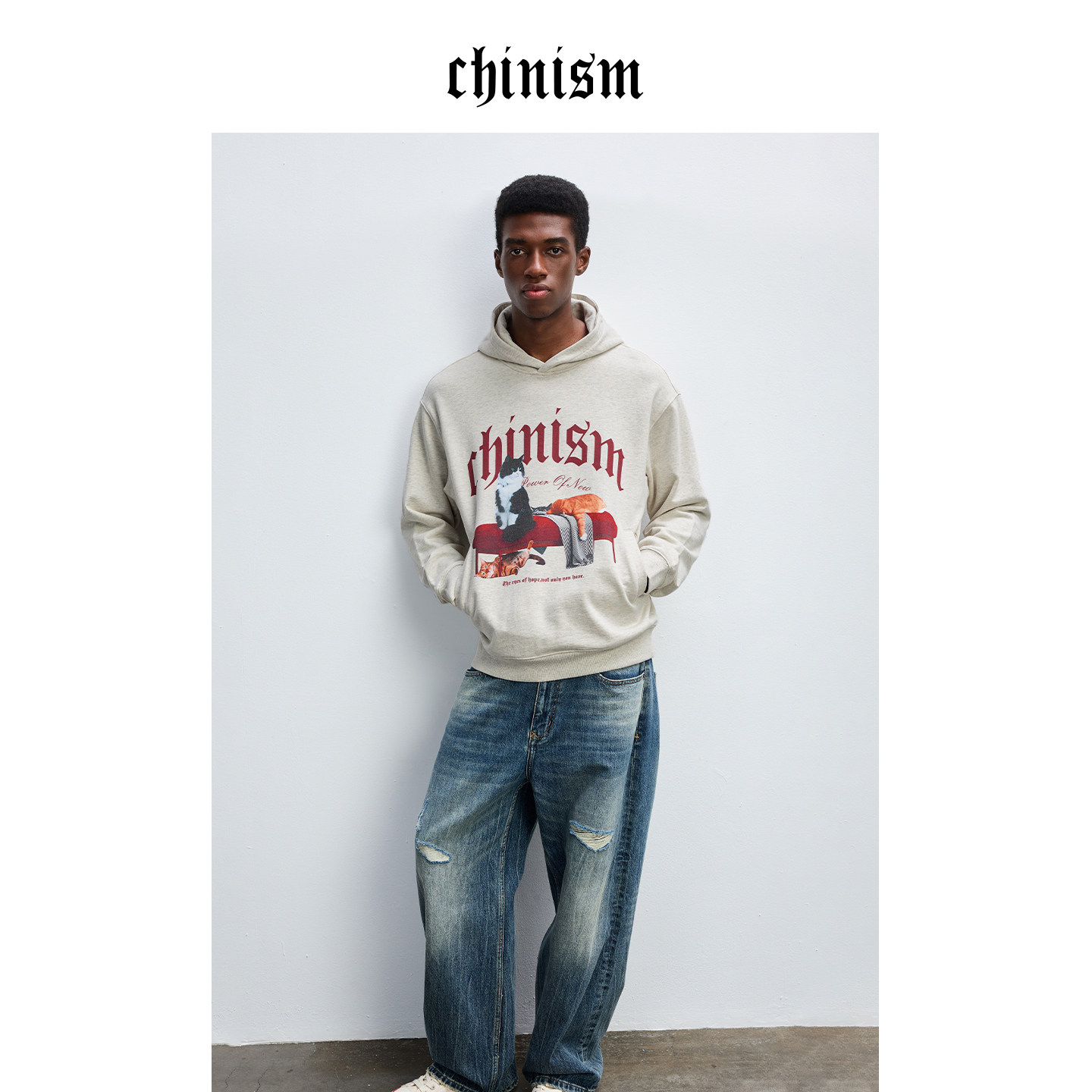 CHINISM丨撞色猫咪连帽卫衣男秋冬美式重磅纯棉上衣/CXHB35K2103