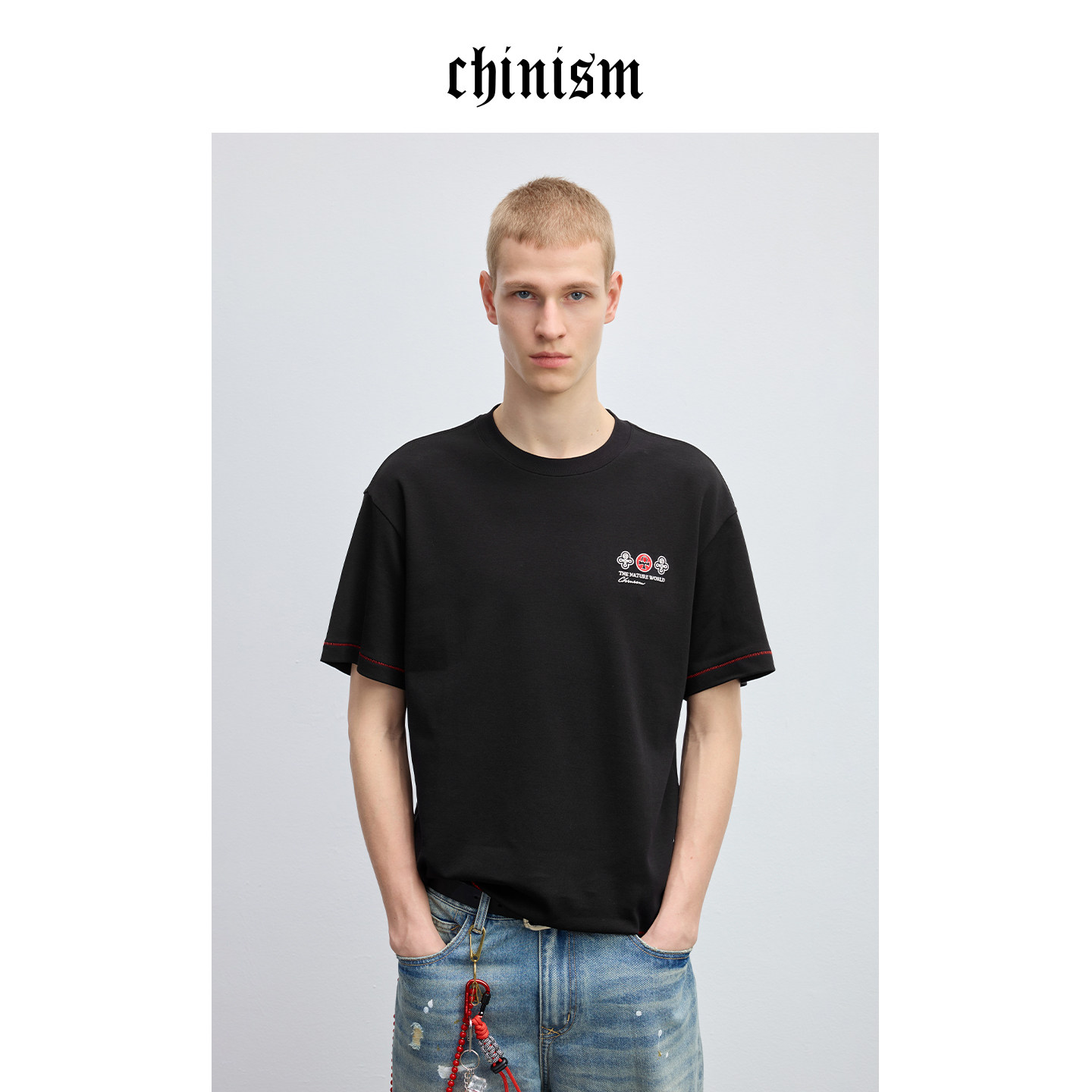 CHINISM丨撞色刺绣全棉短袖T恤男软糯亲肤男士半袖/CXHC12H2038,男装,T恤,淘宝优惠券,粉丝福利购,淘宝优惠卷