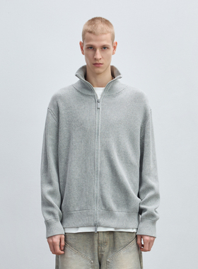 CHINISM丨灰色简约立领拉链开衫毛衣男冬季美式休闲针织衫外套