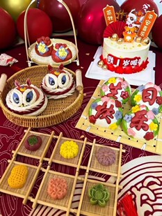 周岁馒头托盘抓周布置中式花馍馍醒狮糕点心宝宝生日花饽饽木摆盘