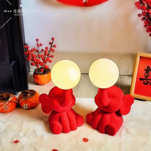 结婚长明灯陪嫁礼物大象卧室台灯婚房床头灯摆件新婚红色台灯一对