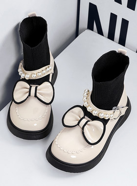 ABC IM女童加绒皮鞋公主鞋冬季女孩黑色蝴蝶结软底鞋英伦时尚单鞋