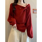 超好看斜肩露肩红色针织衫毛衣大码女装秋冬胖mm叠穿上衣两件套装