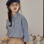 2025秋冬新款日系小清新减龄条纹纯棉百搭叠穿休闲翻领长袖衬衫女