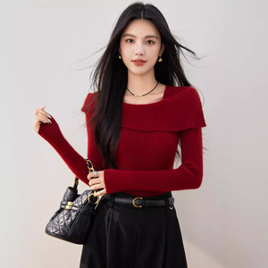 秋冬新款一字肩小众设计感针织衫纯色简约百搭毛衣宽松休闲长袖女