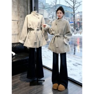 秋日ootd穿搭一整套韩系穿搭慵懒绑带毛呢外套微喇牛仔裤两件套女