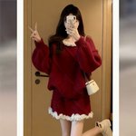 独特漂亮冬装穿搭一整套女秋冬大码胖mm显瘦两件套红色毛衣套装裙