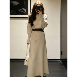 巨好看法式针织连衣裙子女秋冬2026新款气质韩系穿搭一整套装长裙