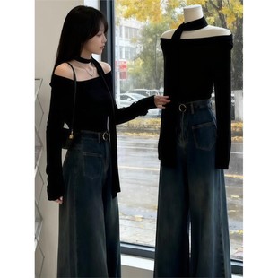 BONBONS EN 纯欲辣妹气质一字肩修身短上衣秋冬款挂脖飘带上衣潮