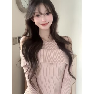 纯欲辣妹镂空露肩假两件一字领针织衫女秋季2025新款内搭长袖上衣