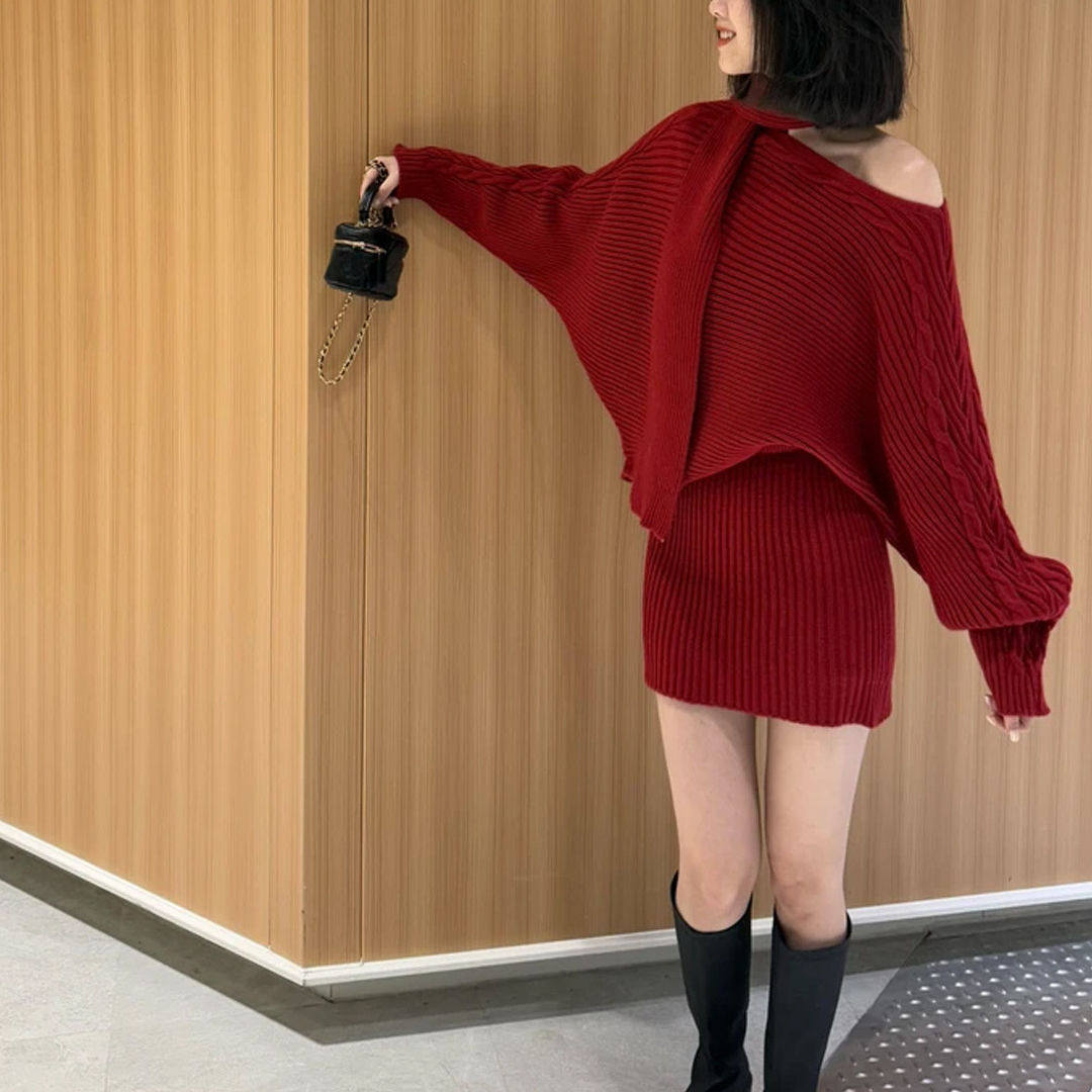 法式气质斜肩露肩毛衣短裙围巾三件套女秋冬新款时尚穿搭一整套装