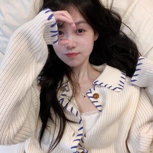 翻领撞色外穿毛衣外套女秋季宽松慵懒高级感针织开衫设计感温柔风