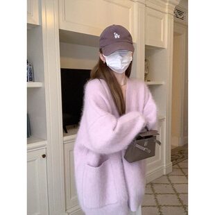 紫色水貂毛开衫毛衣外套女秋冬季2024新款温柔韩系慵懒中长版针织