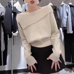 大码一字肩翻领针织衫女2025秋冬季胖MM收腰显瘦套头毛衣洋气上衣