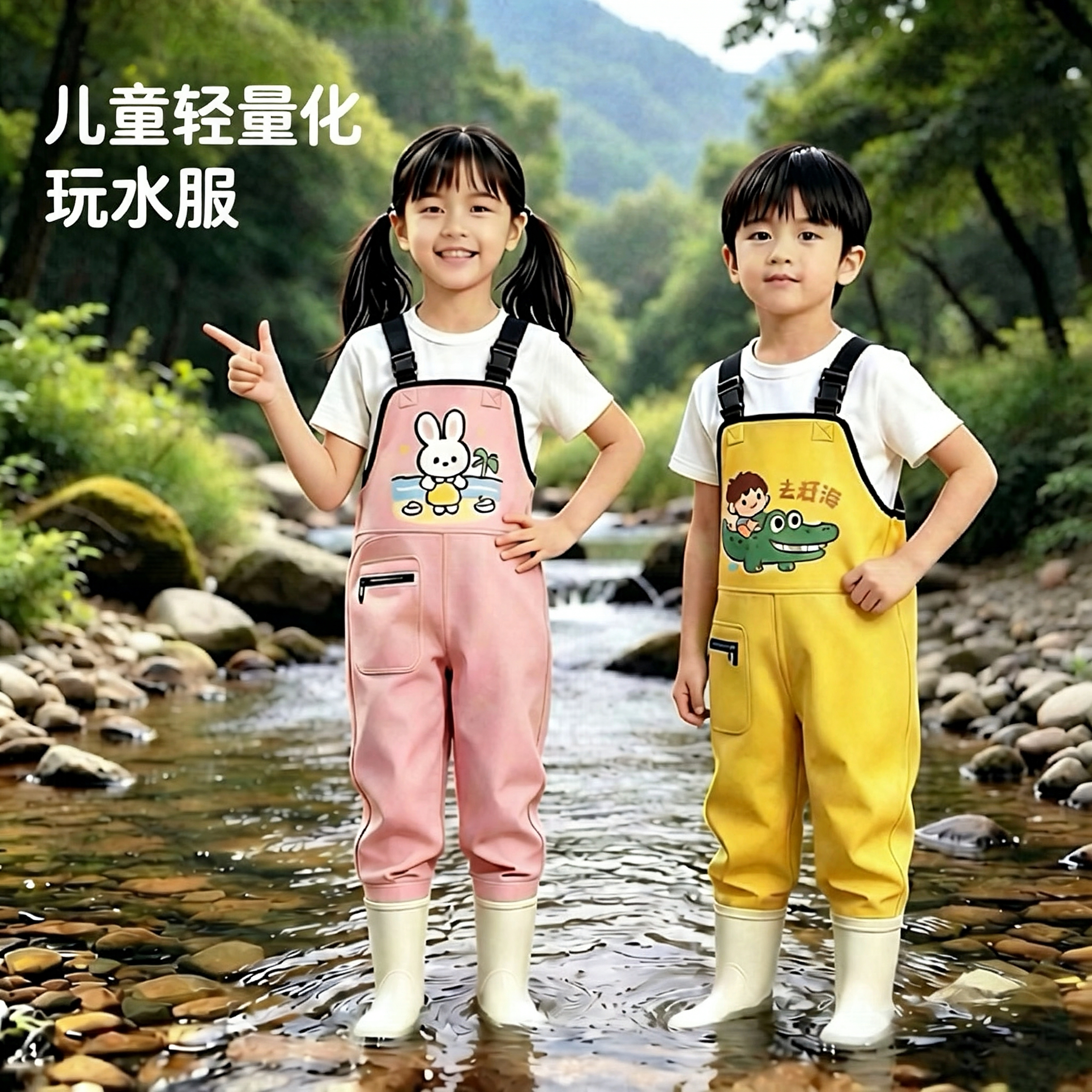 儿童赶海连体下水裤玩水幼儿园防水衣服男女小孩雨鞋抓鱼雨裤沙滩图片