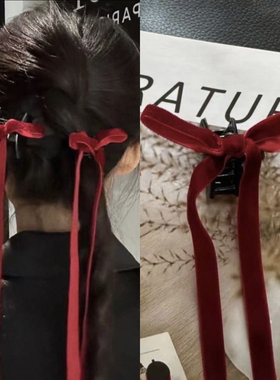 可爱氛围ins冬天红色丝绒飘带小抓夹后脑勺发夹飘带小香风发卡