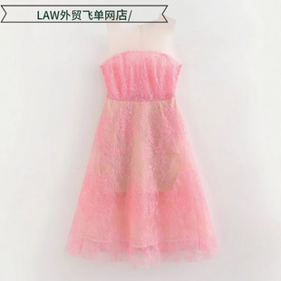 satin party deep neck dress重工立体花朵粉色蕾丝拼接网 Sexy