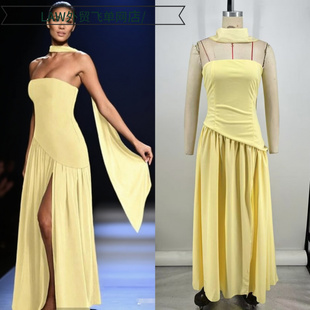 satin party deep neck dress性感一字肩抹胸褶皱长连衣裙 Sexy