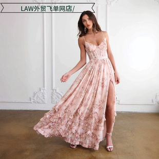 satin party deep neck dress海边度假漂亮独特粉色吊带连 Sexy