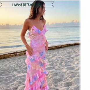 deep neck party 印花性感吊带露背系带不 Sexy dress时尚 satin